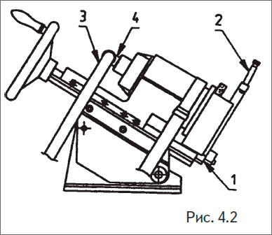 Отдать два винта «1» и заменить держатель резца на держатель для притирки шпинделя клапана из сплава NIMONIC №8821