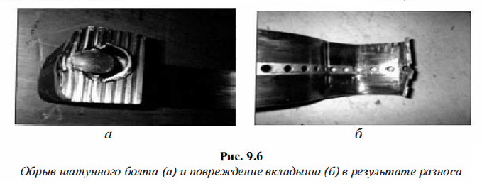Обрыв шатунного болта  и повреждение вкладыша в результате разноса