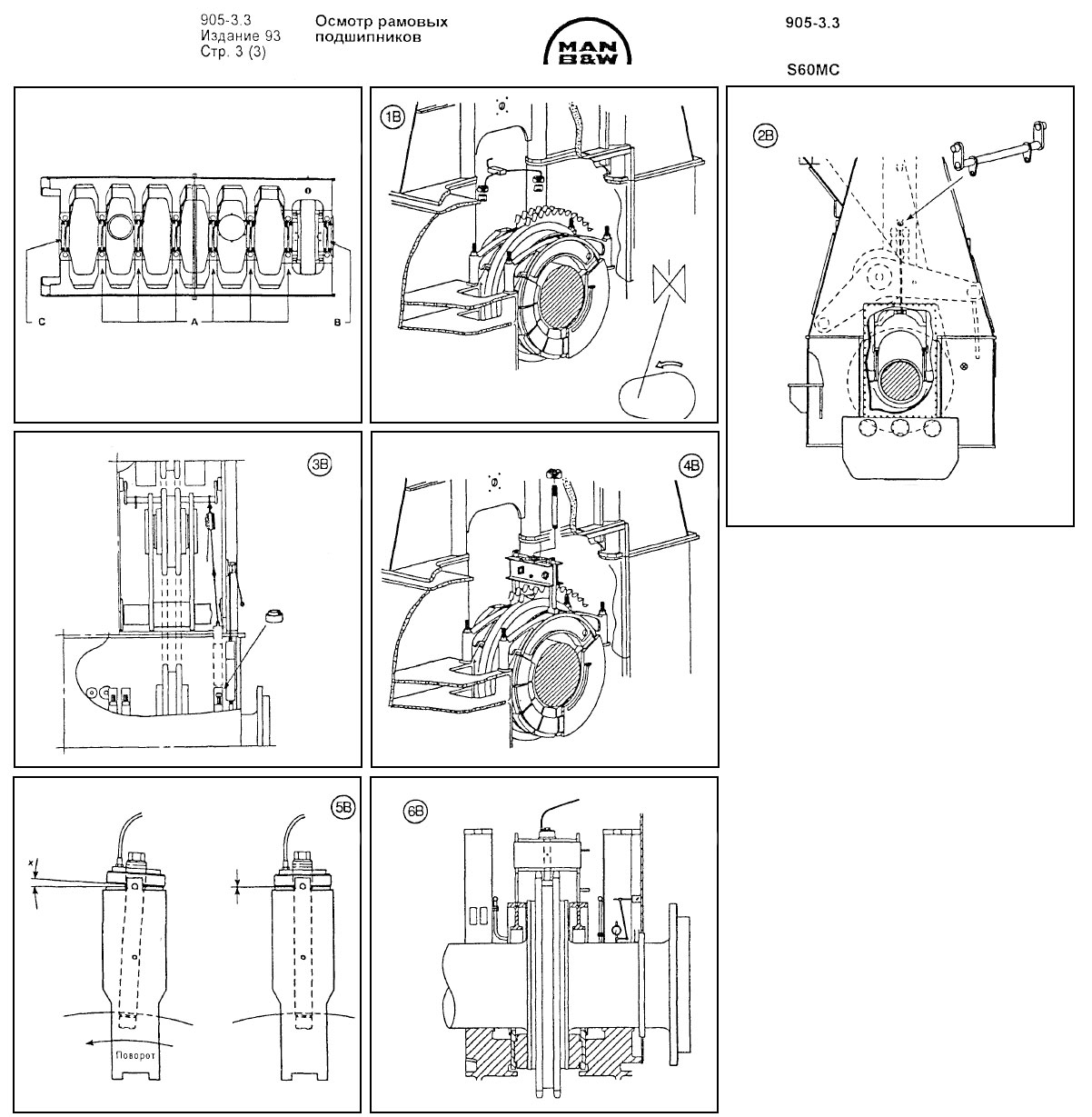 Осмотр рамового подшипника в конце упорного вала (В)