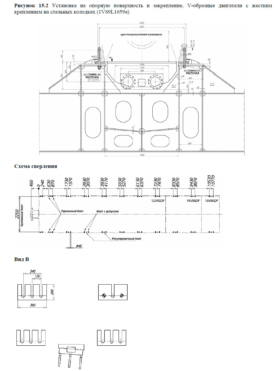 Установка на опорную поверхность и закрепление, V-образные двигатели с жестким креплением на стальных колодках