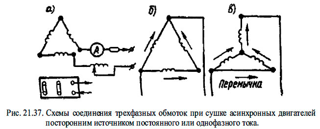 Схемы соединения трехфазных обмоток при сушке асинхронных двигателей посторонним источником постоянного или однофазного тока.