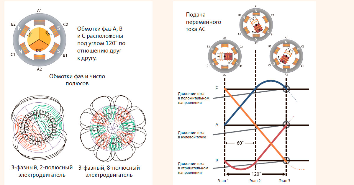 Обмотки фаз и число полюсов