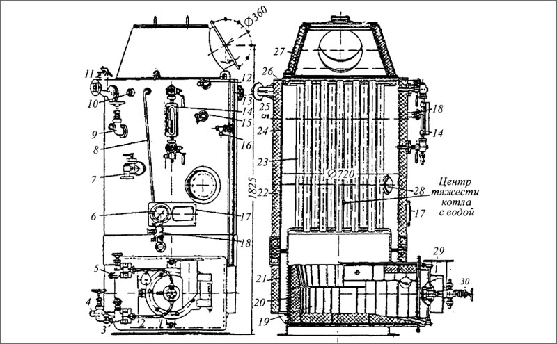 Общий вид и поперечный разрез вспомогательною вертикального котла марки КОВ-8