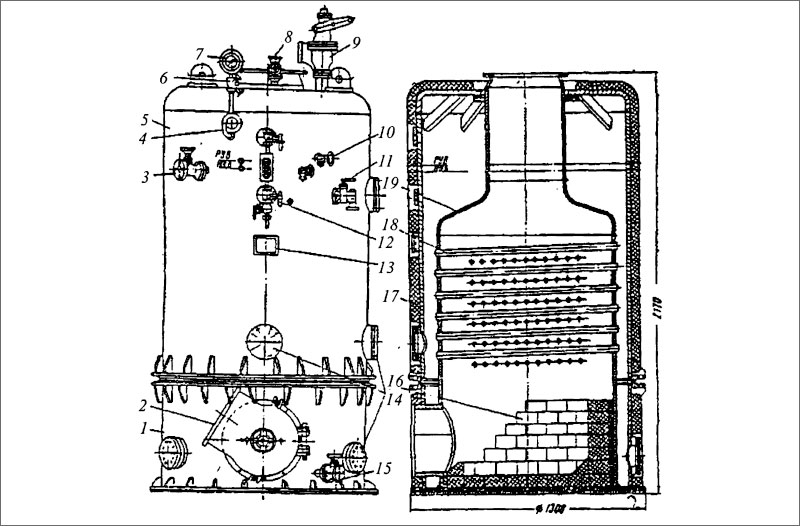 Общий вид и поперечный разрез вспомогательною вертикального котла марки КОВ-8