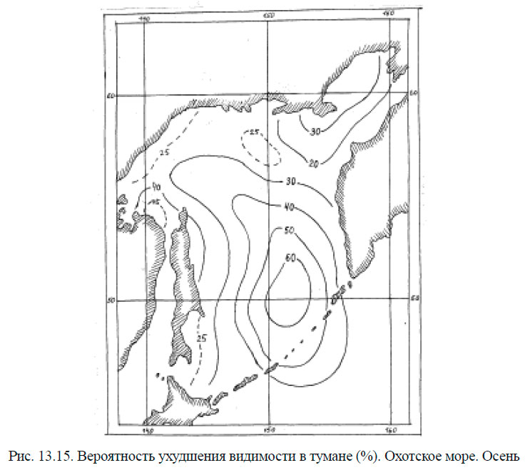 Вероятность ухудшения видимости в тумане (%). Охотское море. Осень