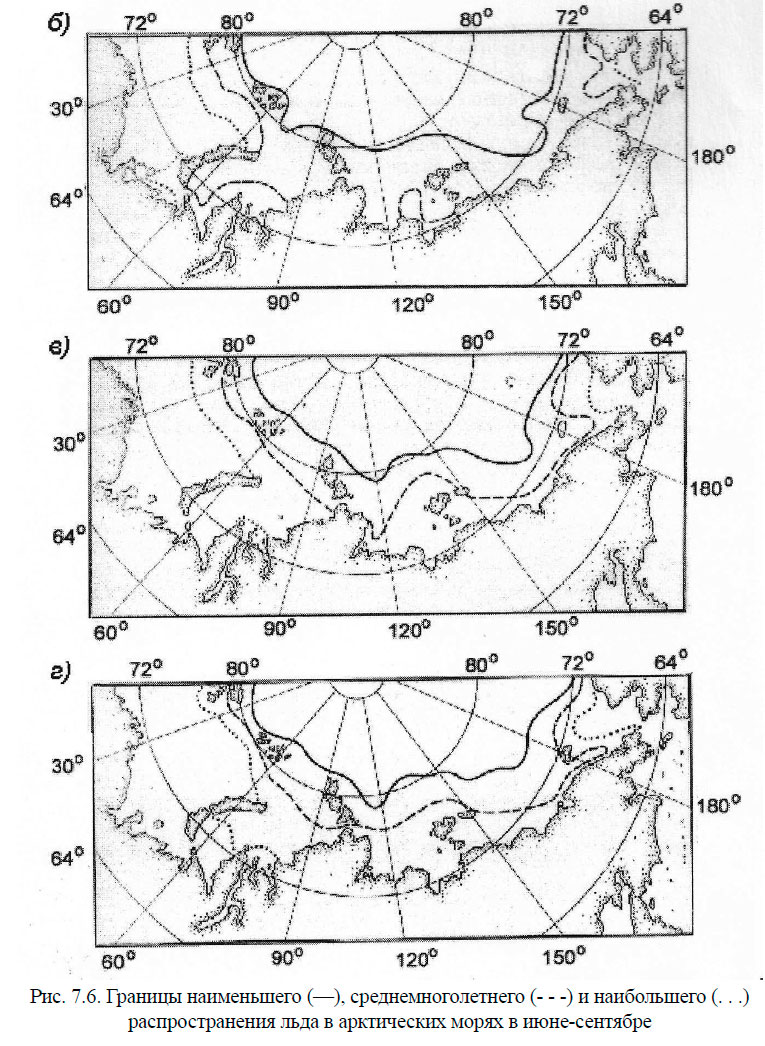 Границы наименьшего (—), среднемноголетнего (- - -) и наибольшего (. . .) распространения льда в арктических морях в июне-сентябре