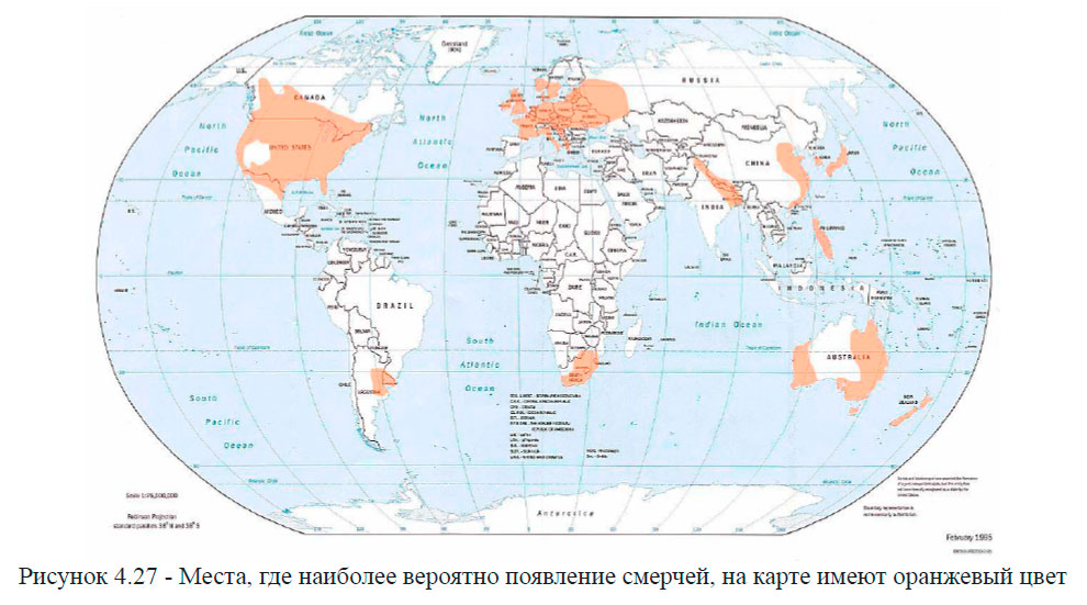 Места, где наиболее вероятно появление смерчей, на карте имеют оранжевый цвет